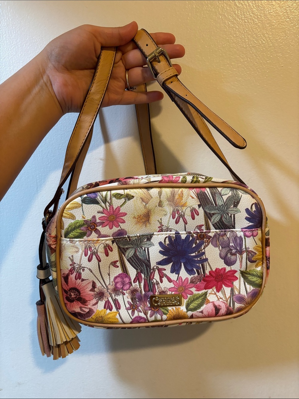 Carlos by Carlos Santana Cream Floral Crossbody with Tan Strap